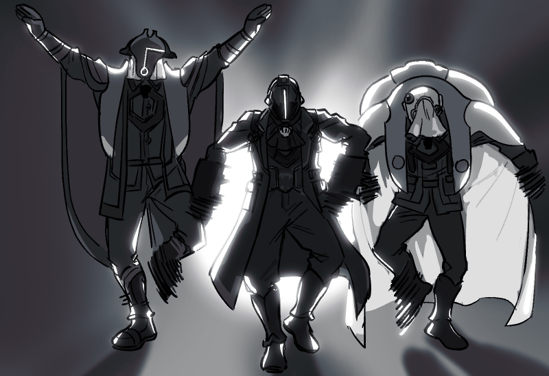 3boys 68382837d black_suit bondrewd coat covered_face dancing formal_clothes gueira_(made_in_abyss) gyarike helmet made_in_abyss meme multiple_boys overcoat praise_the_sun suit take_on_me_(meme)