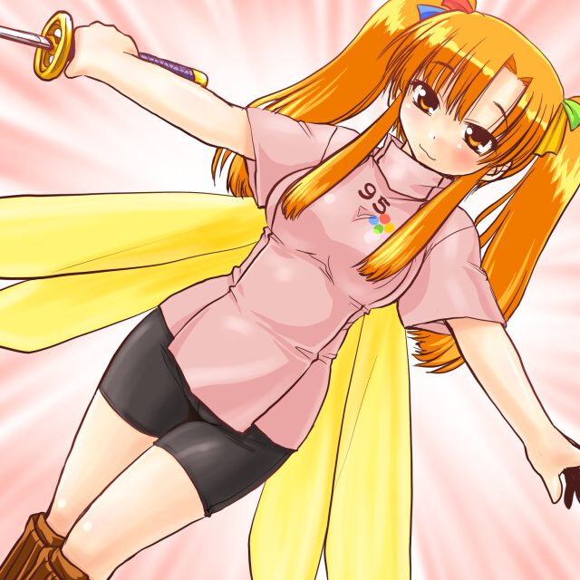1girl 95-tan 95-tan_(cosplay) 95_(cosplay) :3 bike_shorts ce-tan cosplay dd_(ijigendd) female_focus hair_ribbon latex orange_hair os-tan ribbon solo sword twintails weapon
