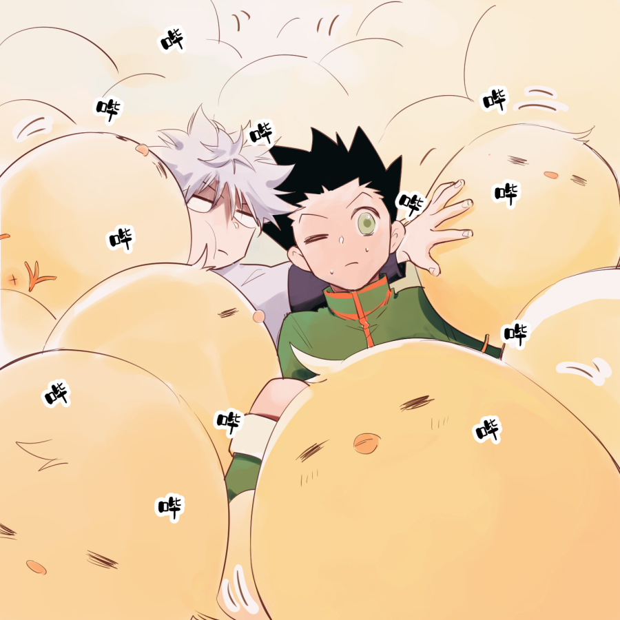 2boys =_= animal anus bird black_hair blank_eyes boots cheek_press chick gon_freecss green_eyes green_footwear hunter_x_hunter killua_zoldyck knee_boots knee_up long_sleeves lyingwang male_focus multiple_boys one_eye_closed outstretched_arm pushing_away sitting spiked_hair stuck sweat too_many too_many_chicks white_hair