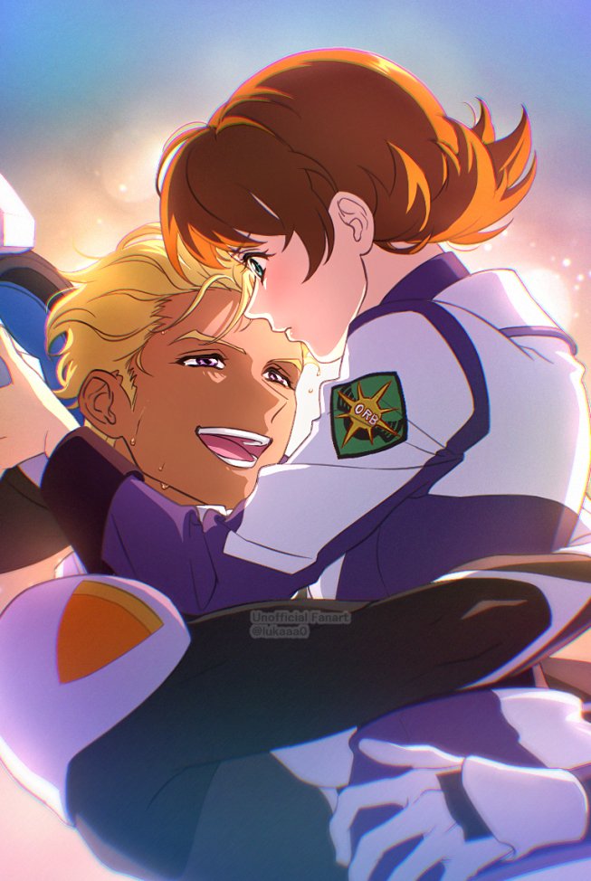 1boy 1girl angel blonde_hair blue_eyes blush brown_hair close-up closed_mouth couple dark-skinned_male dark_skin dearka_elsman facing_another facing_to_the_side gloves gundam gundam_seed gundam_seed_destiny gundam_seed_freedom hands_on_another&#039;s_back hands_on_another&#039;s_shoulders hands_on_another&#039;s_waist helmet holding holding_helmet hug jacket looking_at_another looking_to_the_side looking_up lukaaa mature_female medium_hair military military_jacket military_uniform miriallia_haw open_mouth orb short_hair swept_bangs upper_body very_short_hair zaft_(gundam) zaft_uniform