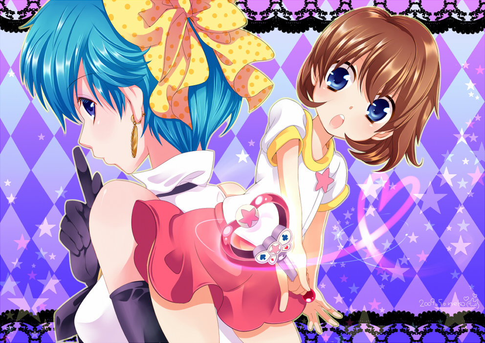 1980s_(style) 2girls blue_eyes blue_hair bow brown_hair earrings eyeshadow gloves hair_ribbon heart jewelry kazuki_mai magical_emi magical_girl mahou_no_star_magical_emi makeup multiple_girls neko_(natsuiroclassic) retro_artstyle retro_artstyle ribbon shirt skirt star_(symbol) t-shirt wand yellow_bow