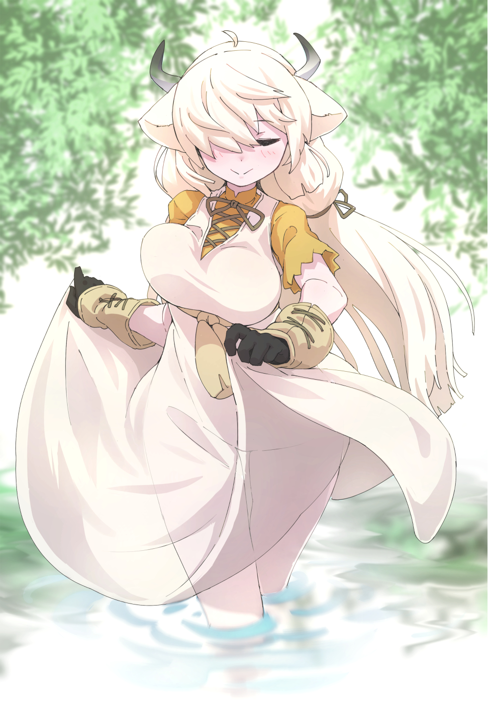 1girl black_gloves blush bow bowtie brown_bow brown_bowtie closed_eyes clothes_lift collared_shirt dress dress_lift frilled_sleeves frills gloves hair_over_one_eye highres kemono_friends long_dress long_hair lowlandgorilla ox_ears ox_girl ox_horns ox_tail shirt short_sleeves sidelocks solo t-shirt twintails two-tone_gloves wading white_dress white_gloves white_hair yak_(kemono_friends) yellow_shirt