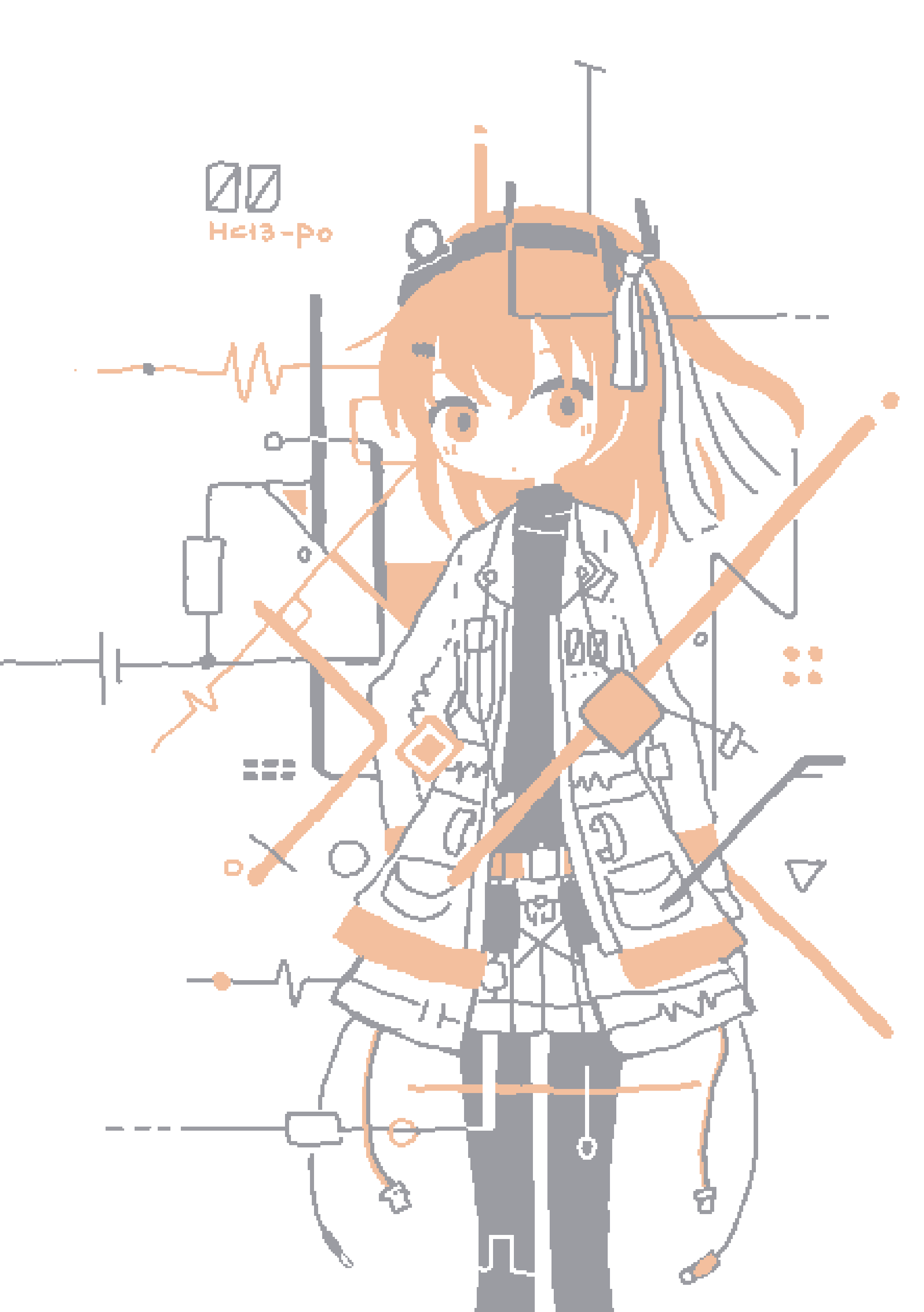 1girl a.i._voice absurdres adachi_rei belt black_leggings black_shirt cable circuit coat colo_(frypan_soul) drawstring feet_out_of_frame flat_color hair_ribbon headlamp highres jaggy_lines leggings limited_palette long_sleeves looking_at_viewer medium_hair one_side_up open_clothes open_coat orange_belt orange_eyes orange_hair pale_color ribbon shirt shorts solo standing utau white_coat white_ribbon white_shorts