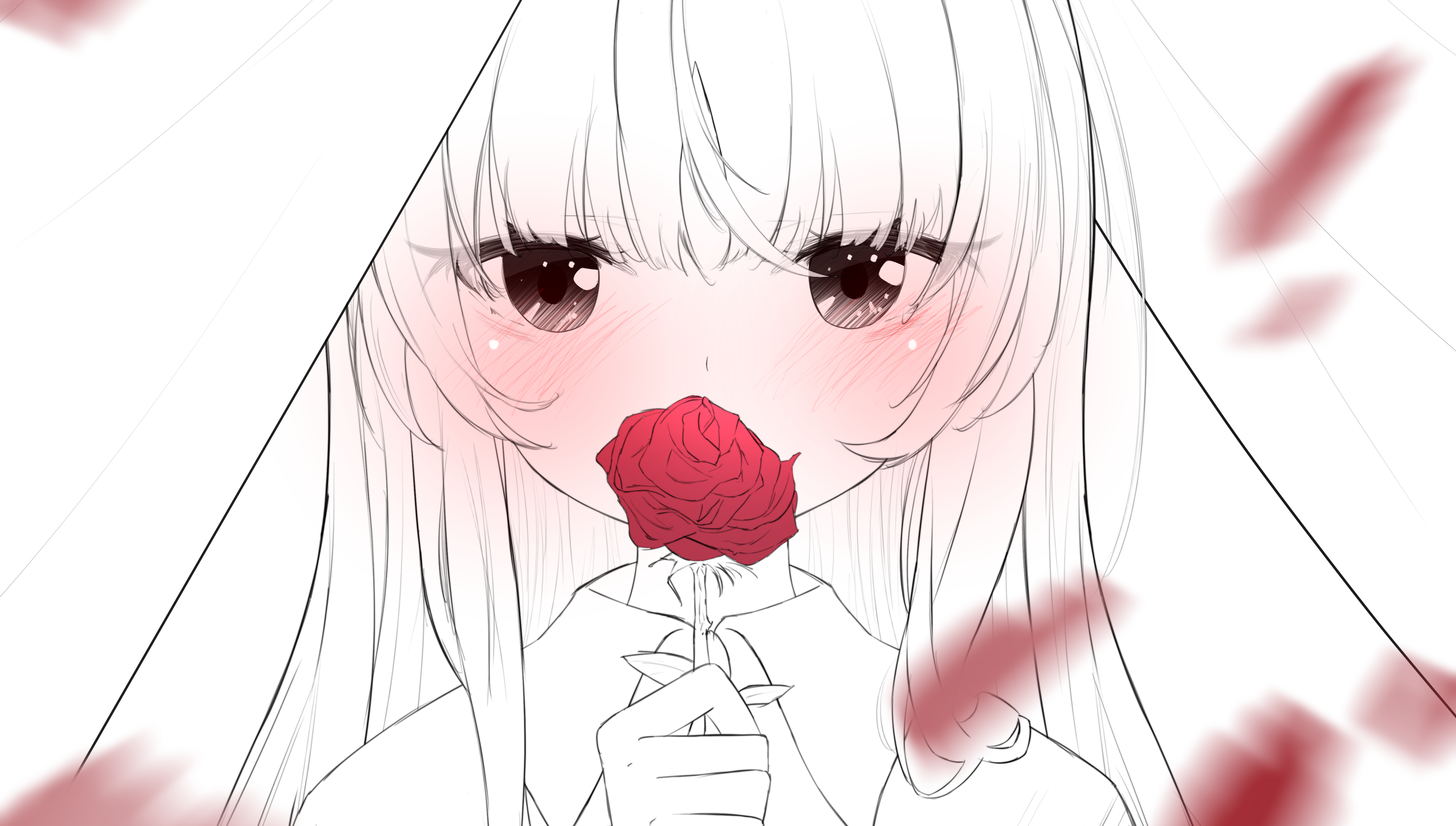 1girl absurdres blunt_bangs collared_shirt covering_own_mouth flower highres holding ib_(ib) ib_(kouri) long_hair looking_at_viewer pan_(pixiv41343614) rose shirt sidelocks sketch solo