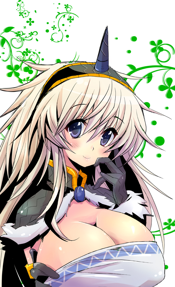 1girl asai_ichiko black_gloves black_hairband blue_eyes breasts cleavage closed_mouth fur_trim gloves hair_between_eyes hairband horn_hairband kirin_(armor) large_breasts long_hair monster_hunter_(character) monster_hunter_(series) smile solo upper_body white_background white_hair