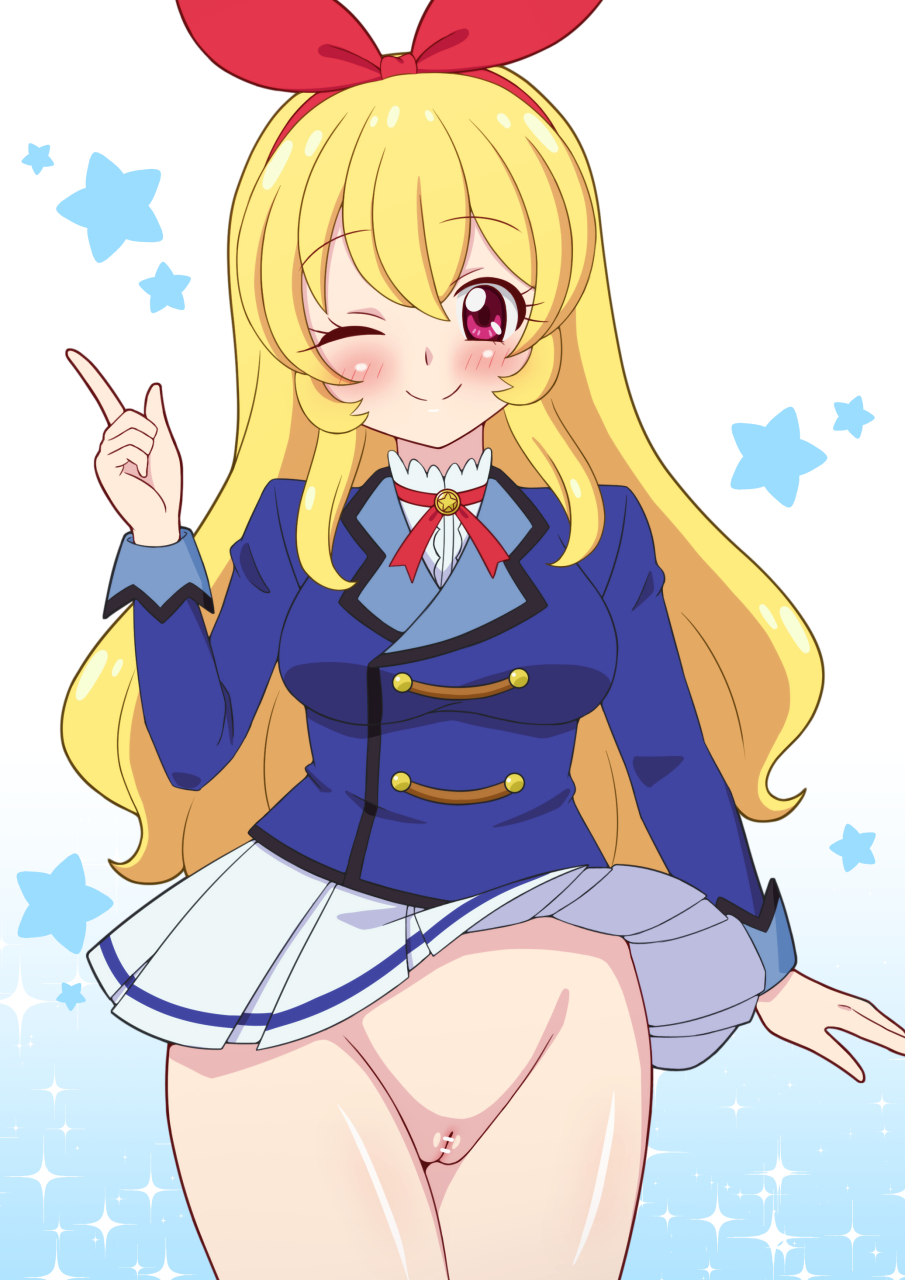 1girl aikatsu! aikatsu!_(series) blonde_hair cleft_of_venus highres hoshimiya_ichigo no-pubic_hair pussy starlight_academy_school_uniform
