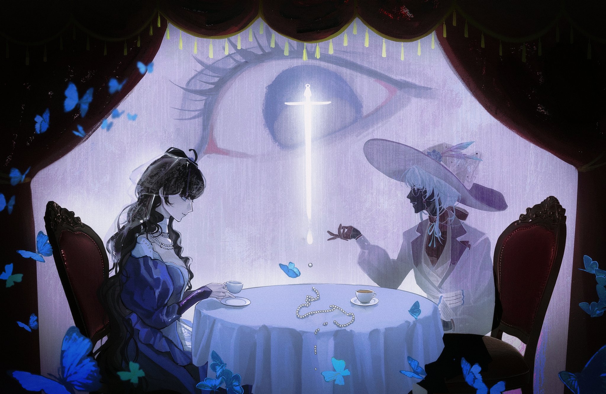 2girls black_hair black_hat blue_butterfly bug butterfly closed_eyes cup curtains dress eye_focus eyewear_strap from_side gem glasses gloves hand_up hat hat_feather highres holding holding_cup holding_saucer insect inverted_colors isolde_(reverse:1999) jacket juliet_sleeves kakania_(reverse:1999) long_hair long_sleeves looking_at_another multiple_girls neck_ribbon on_chair pakkan pearl_(gemstone) picture_hat profile puffy_long_sleeves puffy_sleeves purple_background purple_dress purple_theme reverse:1999 ribbon round_eyewear round_table saucer see-through_clothes see-through_veil sitting smile sword table tablecloth talking teacup too_many too_many_butterflies upper_body veil wavy_hair weapon