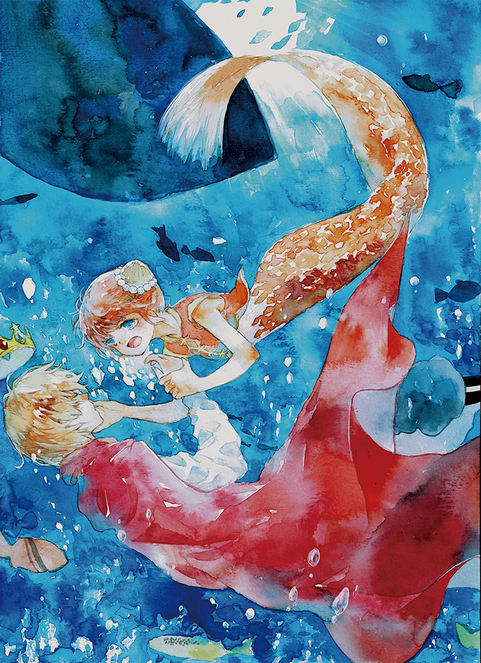 1boy 1girl andersen&#039;s_fairy_tales aqua_eyes asphyxiation blonde_hair boat bubble cape chinese_clothes closed_eyes commentary_request crown drowning fins fish fish_tail from_side gintama hand_on_another&#039;s_cheek hand_on_another&#039;s_face holding_another&#039;s_wrist kagura_(gintama) light_rays mermaid moekon monster_girl monsterification okita_sougo orange_hair orange_scales orange_shirt painting_(medium) pearl_hair_ornament red_cape seashell shell shell_hair_ornament shirt short_hair shouting sunbeam sunlight swimming tail the_little_mermaid_(andersen) traditional_media underwater watercolor_(medium) watercraft white_shirt worried yellow_trim