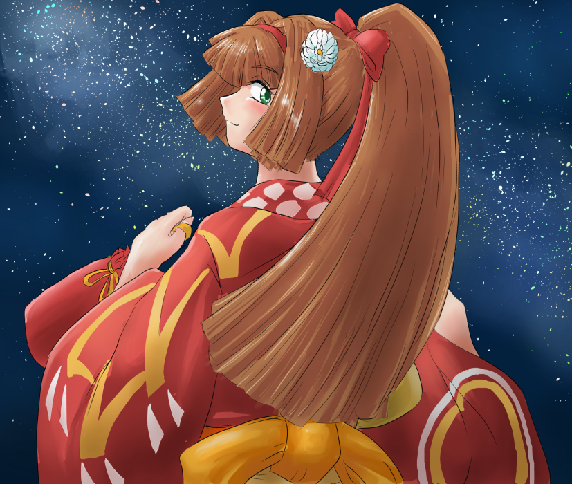 alternate_costume bow brown_hair flower green_eyes hair_bow hair_flower hair_ornament hairband japanese_clothes kimono looking_back night night_sky ponytail rean_(sennen_sensou_aigis) red_bow sennen_sensou_aigis sky solo standing toren_chi