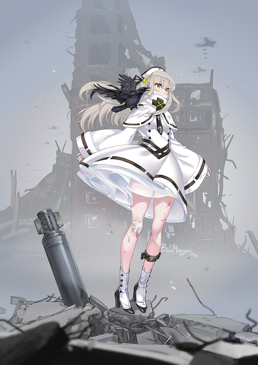 1girl 88_flak 88_flak_(ash_arms) ash_arms black_dress black_headwear blush cannon coat cross cross_hair_ornament dress firing grey_hair hair_ornament hakueil hat holding holding_tray latin_cross legs long_hair long_sleeves military_hat mini_hat open_mouth ruins sleeves_past_fingers sleeves_past_wrists standing tachi-e thighs tilted_headwear tray trench_coat