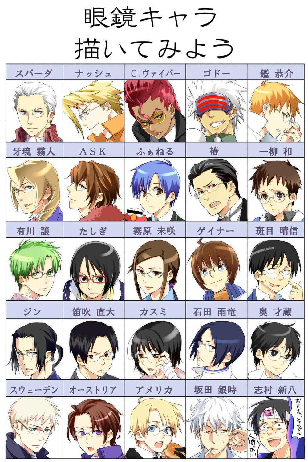 00s 3girls 6+boys ace_attorney america_(hetalia) annotation_request apollo_justice:_ace_attorney arikawa_yuzuru austria_(hetalia) axis_powers_hetalia black_hair bleach blonde_hair blue_eyes blue_hair burger capcom censored charlie_nash cigarette crimson_viper crossover darker_than_black devil_may_cry_(series) eating elmo food genshiken gintama glasses godot_(ace_attorney) green_eyes green_hair harukanaru_toki_no_naka_de_3 highres ibara_no_ou ichiyanagi_nagomu_no_junan censored_identity ishida_uryuu jinnosuke justice_gakuen kagami_kyousuke kasumi_ishiki king_gainer kirihara_misaki kristoph_gavin madarame_harunobu majin_tantei_nougami_neuro male_focus monocle multiple_boys multiple_girls naohiro_usui niconico oku_saizou one_piece partially_translated phoenix_wright:_ace_attorney_-_trials_and_tribulations pompadour purple_eyes sacchin_(yama) sakata_gintoki samurai_champloo sesame_street shimura_shinpachi short_hair sparda street_fighter sweden_(hetalia) tashigi teru_teru_x_shounen translation_request usui_naohiro white_hair