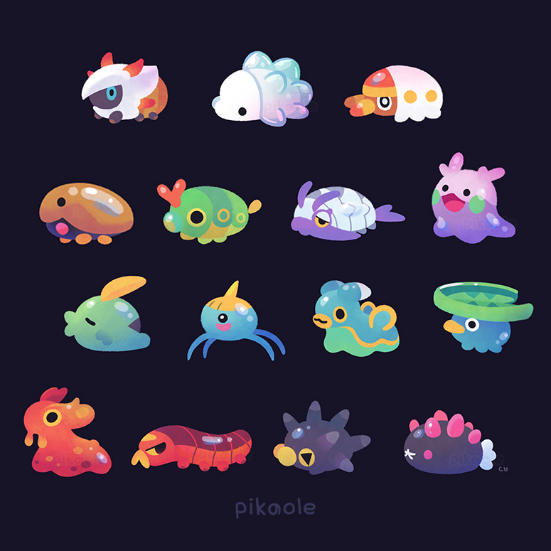 artist_name black_background blue_eyes caterpie chibi closed_eyes from_side full_body game_freak gen_1_pokemon gen_2_pokemon gen_3_pokemon gen_4_pokemon gen_5_pokemon gen_6_pokemon gen_7_pokemon gen_8_pokemon goomy grubbin gulpin half-closed_eyes kabuto_(pokemon) larvesta lotad nintendo no_humans o3o open_mouth pikaole pincurchin pink_eyes pokemon pokemon_(creature) pokemon_focus pyukumuku red_eyes shellos shellos_(east) simple_background sizzlipede slugma smile snom surskit wimpod