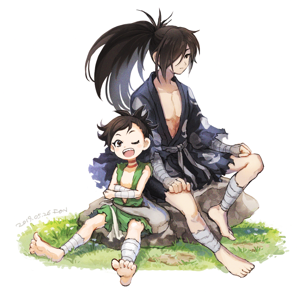 1boy 1girl bandaged_arm bandaged_leg bandages bare_pectorals barefoot black_hair closed_mouth dated dororo_(character) dororo_(tezuka) eyelashes fon-due_(fonfon) grass grey_bag hair_over_one_eye hyakkimaru_(dororo) japanese_clothes long_hair on_rock one_eye_closed open_mouth pectorals ponytail reverse_trap rock short_hair signature sitting teeth upper_teeth_only