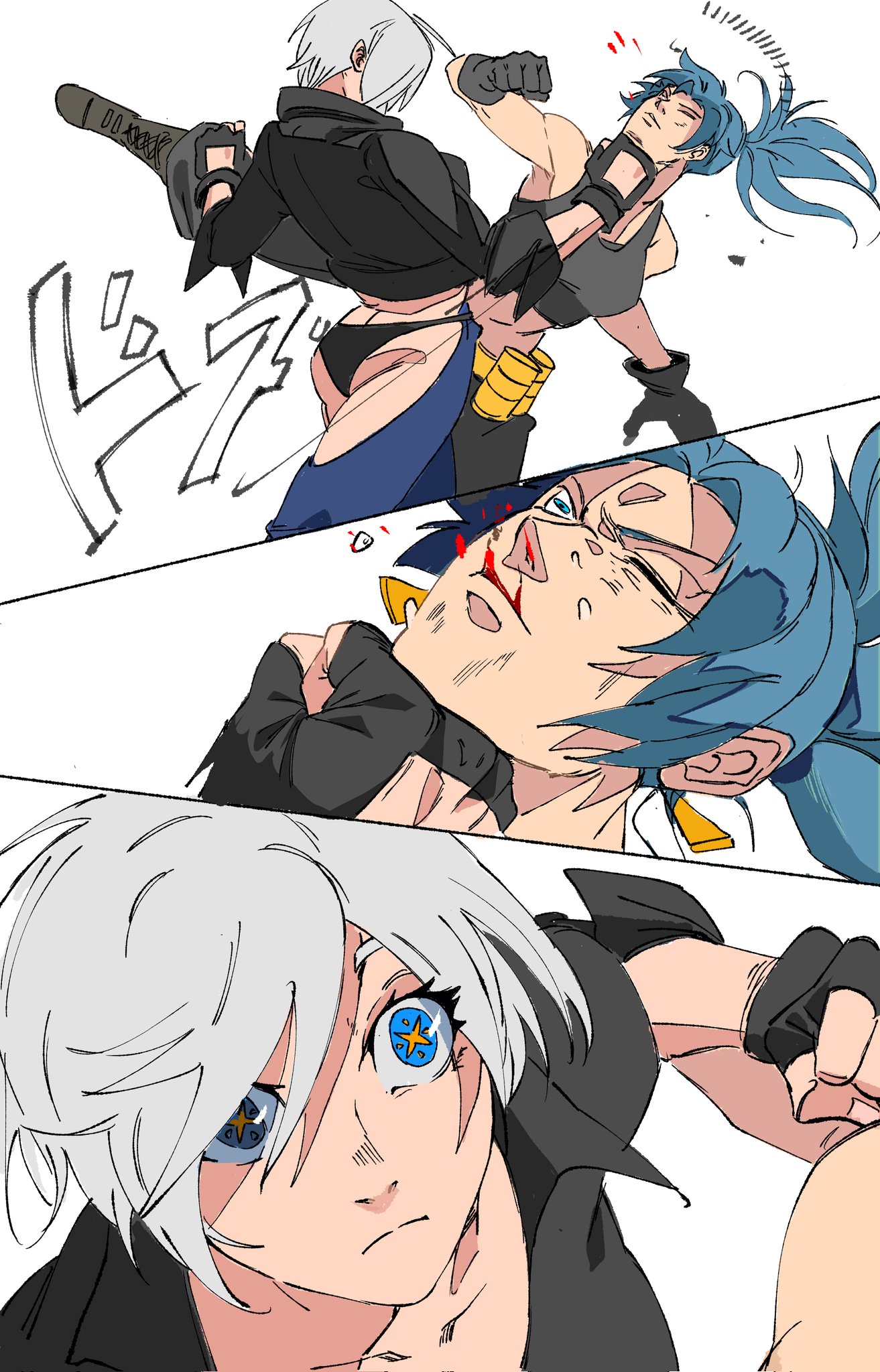 angel_(kof) arm_pouch backless_pants biceps black_tank_top blue_eyes blue_hair bra breasts camouflage camouflage_pants cargo_pants chaps cleavage crop_top cropped_jacket dog_tags earrings fingerless_gloves gloves hair_over_one_eye highres jacket jewelry large_breasts leather leather_jacket leona_heidern midriff muscular muscular_female navel panties pants ponytail rappel6730 short_hair snk soldier strapless strapless_bra tank_top the_king_of_fighters the_king_of_fighters_xiv toned toned_female triangle_earrings underwear white_hair