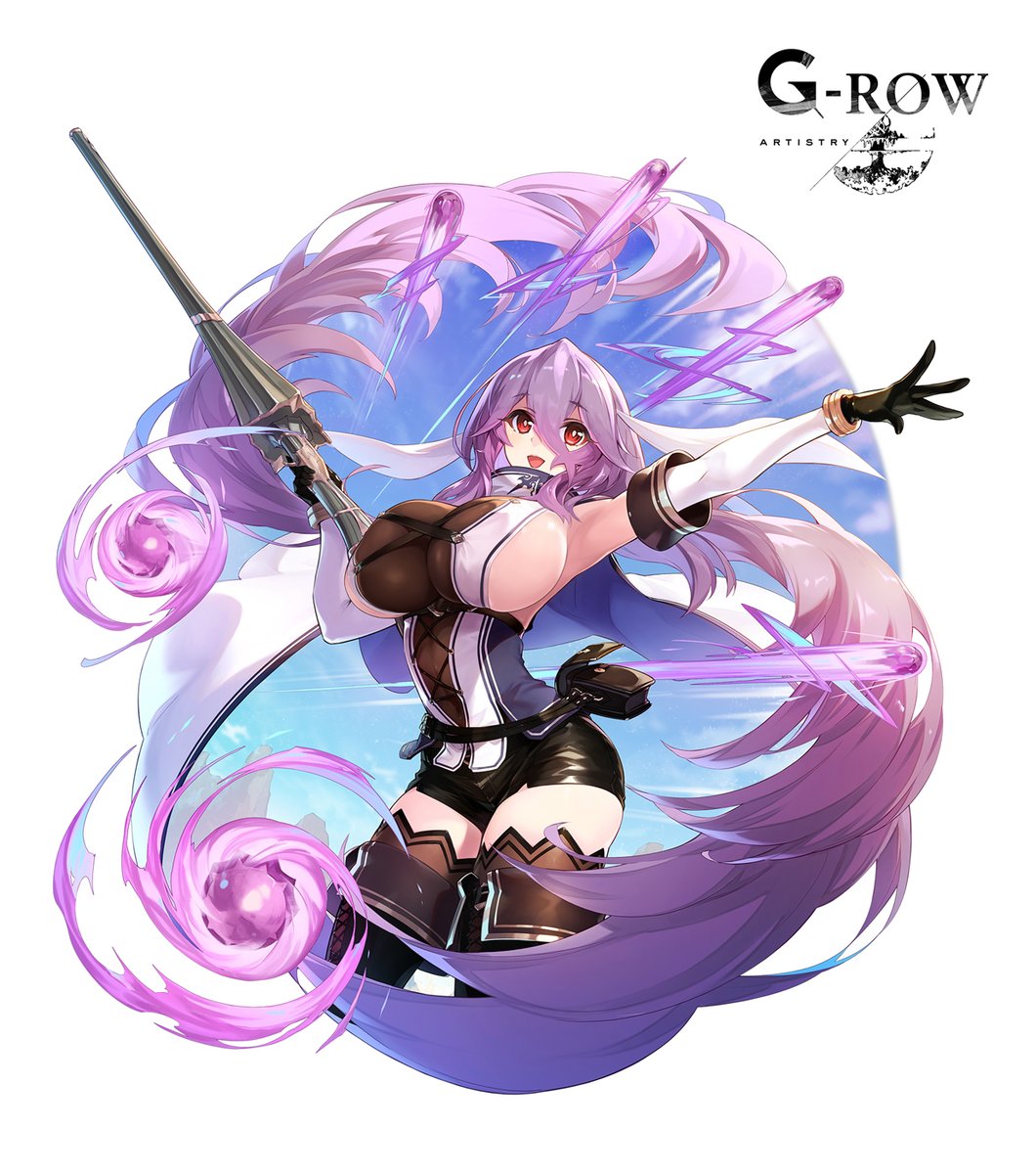 1girl :d black_gloves black_shorts blue_sky boots breasts brown_thighhighs cloak cloud commentary_request cowboy_shot day fanny_pack floating_cape freischutz_(phantom_of_the_kill) gloves gun hair_between_eyes highres holding holding_gun holding_weapon kurogi large_breasts long_hair looking_at_viewer official_art open_mouth outstretched_arm phantom_of_the_kill purple_hair red_eyes second-party_source short_shorts shorts sideboob sky smile solo thigh_boots thighhighs very_long_hair weapon white_cloak