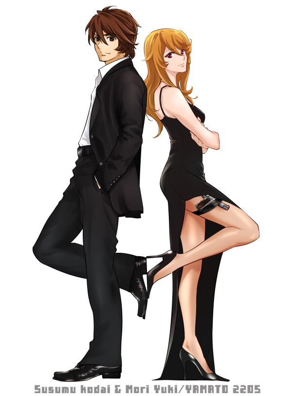 1boy 1girl bare_arms bare_legs black_dress black_footwear black_jacket black_pants brown_eyes brown_hair character_name closed_mouth collared_shirt copyright_name crossed_arms dress from_side full_body gun hair_between_eyes handgun high_heels holster jacket kodai_susumu long_hair long_sleeves looking_at_viewer mori_yuki mr._and_mrs._smith open_clothes open_jacket pants pumps purple_eyes shirt short_hair simple_background sleeveless sleeveless_dress straight_hair thigh_holster uchuu_senkan_yamato uchuu_senkan_yamato_2199 uchuu_senkan_yamato_2205:_arata_naru_tabidachi weapon white_background white_shirt wing_collar yokon2199