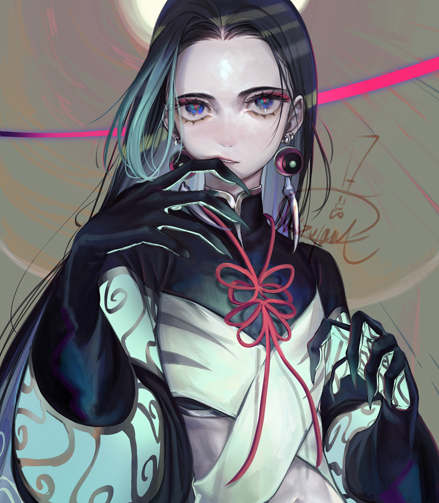 1boy black_hair black_shirt blue_eyes chinese_clothes crop_top earrings eyeshadow fate/grand_order fate_(series) gloves green_eyes hand_to_own_mouth hand_up jewelry long_hair long_sleeves looking_at_viewer makeup male_focus mizutame_tori multicolored_eyes multicolored_hair pale_skin red_eyeshadow red_pupils shirt solo taisui_xingjun_(fate) tooth_earrings upper_body