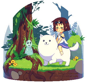 animal animated animated_gif annoying_dog brown_hair cosplay dav-19 day dog facial_tattoo flower frisk_(undertale) grass headband lowres mononoke_hime outdoors plant san_(cosplay) san_(mononoke_hime) tattoo transparent_background tree undertale w.d._gaster