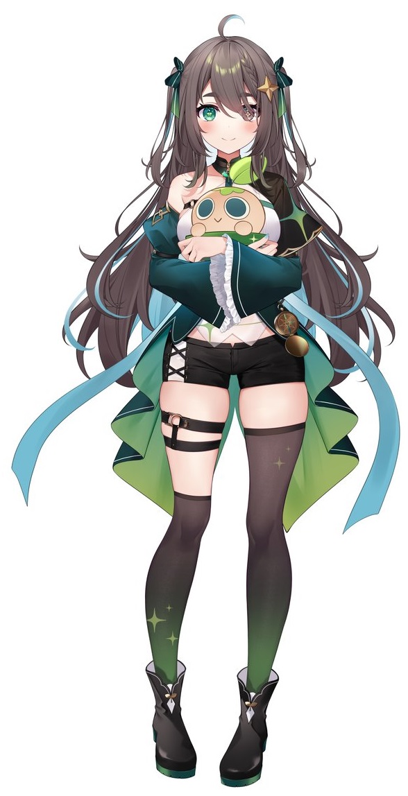 1girl 1other ahoge arm_belt asymmetrical_legwear belt black_choker black_footwear black_shorts black_socks black_thighhighs blue_hair blue_nails blue_ribbon blush boots bow braid breasts brotecito_(meica) brown_eyes brown_hair chest_belt choker colored_inner_hair commentary compass covered_navel cross-laced_clothes cross-laced_shorts cross-shaped_pupils detached_sleeves dress eyes_visible_through_hair facing_viewer frilled_sleeves frills front_slit full_body gradient_legwear green_dress green_eyes green_necktie green_ribbon green_sleeves green_socks green_thighhighs hair_bow hair_flaps hair_ornament hair_ribbon heterochromia high_heel_boots high_heels holding chromashift indie_virtual_youtuber jewelry juliet_sleeves kneehighs long_hair long_sleeves medium_breasts medium_hair meica_(vtuber) meica_(vtuber)_(1st_costume) mismatched_pupils multicolored_hair multiple_views necktie o-ring o-ring_belt pendant_choker plant puffy_sleeves ribbon see-through_clothes see-through_shirt shirt short_shorts shorts shrug_(clothing) simple_background single-shoulder_shirt single_braid single_kneehigh single_sock single_thighhigh skindentation sleeveless sleeveless_dress sleeveless_shirt smile socks spanish_commentary sparkle_print sprout sprout-shaped_pupils sprout_pendant star_(symbol) star_hair_ornament swept_bangs symbol-shaped_pupils thigh_belt thigh_strap thighhighs twintails underbust uneven_legwear vines virtual_youtuber white_shirt
