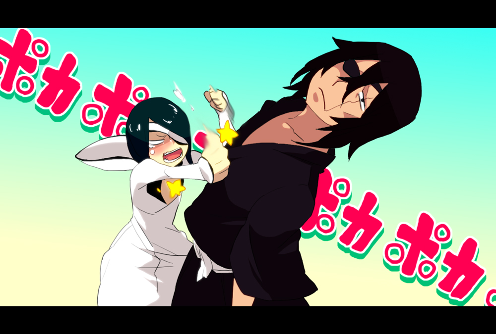 2boys black_hair bleach eyepatch hitting japanese_clothes meme menoco multiple_boys nnoitra_gilga parody poka_poka_(meme) scar seitokai_yakuindomo star_(symbol) tears zaraki_kenpachi