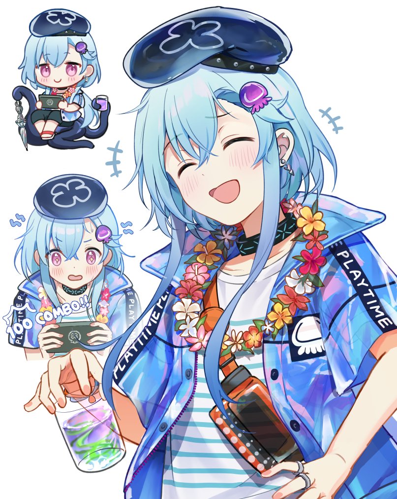 1boy :&gt; arknights beret black_hat blue_hair blue_jacket blue_shirt chibi closed_eyes commentary cup earrings flower flower_necklace full_body gradient_hair handheld_game_console hat holding holding_cup holding_handheld_game_console infection_monitor_(arknights) jacket jellyfish_hair_ornament jewelry lei light_blue_hair looking_at_viewer looking_down male_focus mizuki_(arknights) mizuki_(summer_feast)_(arknights) multicolored_hair multiple_views necklace nervous open_clothes open_jacket open_mouth pink_eyes shan_(ti0n) shirt short_sleeves simple_background sitting_on_tentacle smile striped_clothes striped_shirt tentacles upper_body white_background white_shirt