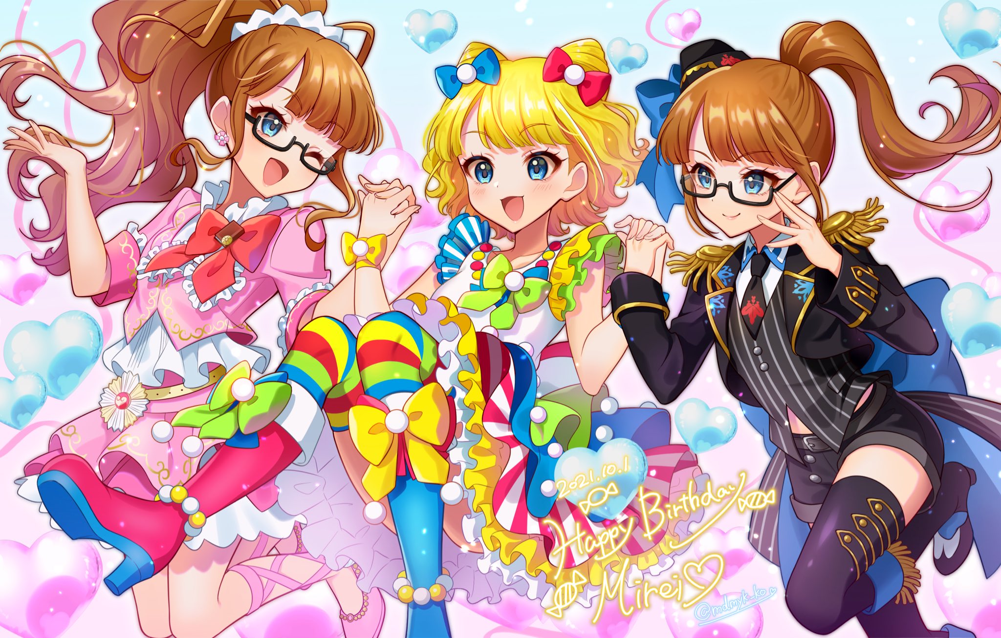 3girls :d adjusting_eyewear black-framed_eyewear black_jacket black_necktie black_shorts blonde_hair blue_bow blue_eyes blue_footwear blunt_bangs blush boots bow brown_eyes brown_hair collared_shirt commentary_request cone_hair_bun double_bun dress epaulettes frilled_dress frills full_body glasses gold_trim hair_bow hair_bun hands_up happy_birthday high_heel_boots high_heels highres holding_hands jacket jumping knee_boots long_hair long_sleeves looking_at_another mendamen minami_mirei minami_mirei_(normal) multicolored_dress multiple_girls multiple_persona necktie one_eye_closed open_mouth pink_jacket pink_skirt ponytail pretty_series pripara red_bow red_footwear semi-rimless_eyewear shirt short_hair shorts skirt smile translation_request under-rim_eyewear white_shirt
