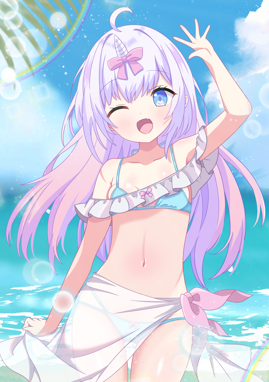 1girl ;d ahoge arm_up bikini blue_bikini blue_eyes blush bow collarbone day hair_bow highres hiiragisensei indie_virtual_youtuber long_hair looking_at_viewer navel ocean one_eye_closed open_mouth outdoors sarong see-through_clothes sky smile solo standing swimsuit tsukimi_ama unicorn