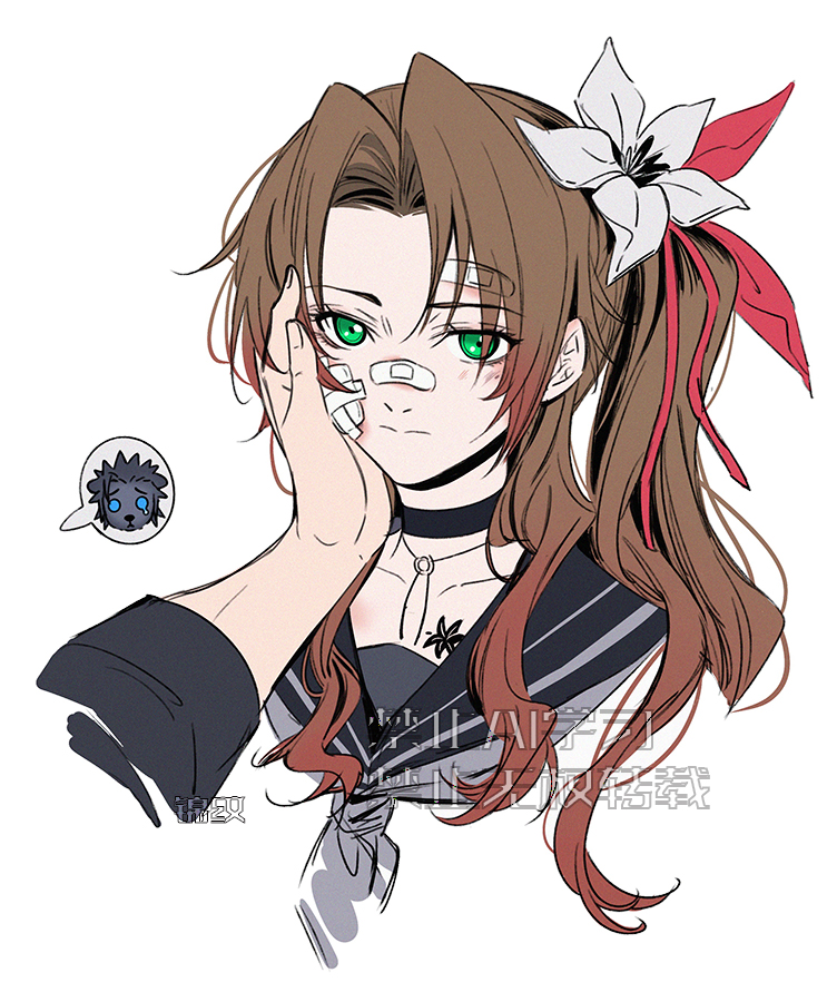 1boy 1girl aerith_gainsborough aerith_gainsborough_(midgard_seventh_high_school) animalization bandaid bandaid_on_cheek bandaid_on_face bandaid_on_forehead bandaid_on_nose black_choker black_hair black_sailor_collar blue_eyes brown_hair bruise bruise_on_face chest_tattoo choker closed_mouth collarbone delinquent dog final_fantasy final_fantasy_vii final_fantasy_vii_ever_crisis flower green_eyes hair_ribbon hand_on_another&#039;s_cheek hand_on_another&#039;s_face high_ponytail huosheanng injury long_hair looking_at_another official_alternate_costume parted_bangs pink_ribbon ponytail ribbon sailor_collar school_uniform sidelocks simple_background single_tear spiked_hair spoken_character sukeban tattoo upper_body white_background white_flower zack_fair zack_fair_(midgard_seventh_high_school)