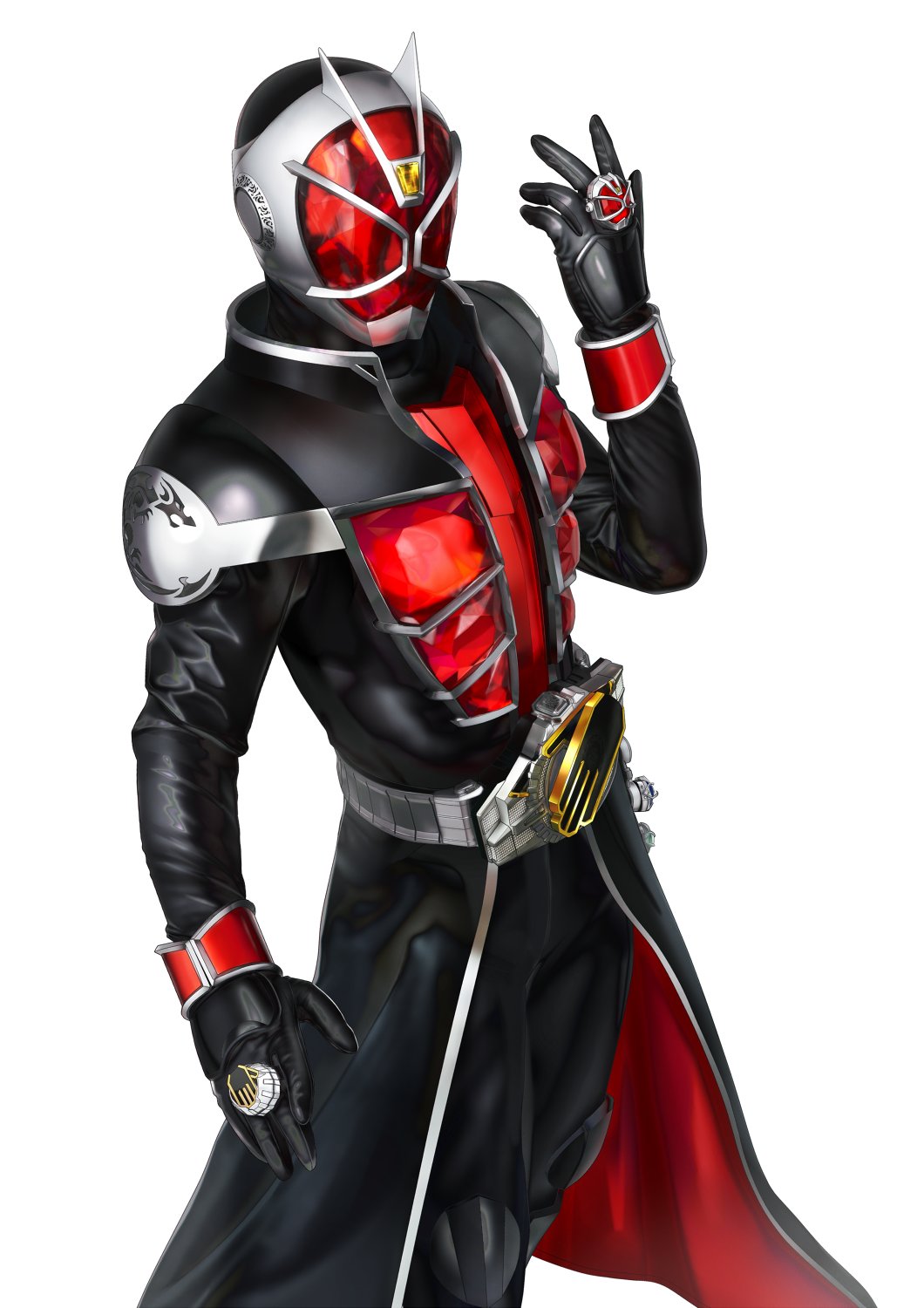 1boy armor commentary_request cowboy_shot cropped_legs rider_belt flame_style gem gloves highres jewelry kamen_rider kamen_rider_wizard kamen_rider_wizard_(series) long_coat male_focus masukudo_(hamamoto_hikaru) open_hand red_gemstone rider_belt ring silver_trim tokusatsu wizardriver