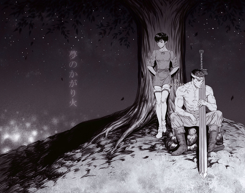 1boy 1girl berserk boots casca_(berserk) denoro guts_(berserk) night night_sky outdoors pants scar topless_male short_hair sitting sky standing star_(sky) starry_sky sword translation_request tree weapon