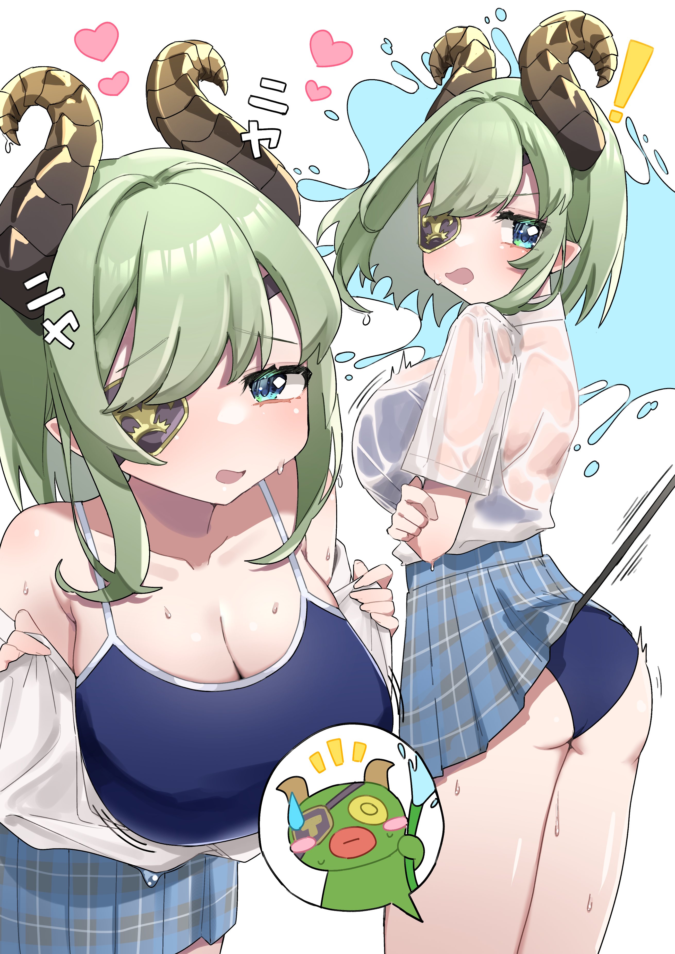 ! 1girl absurdres ass blush_stickers breasts brown_horns cleavage curled_horns demon_girl demon_horns eyepatch green_eyes green_hair heart highres horns large_breasts leaning_forward looking_at_viewer nanashi_inc. one-piece_swimsuit pleated_skirt school_swimsuit see-through_clothes see-through_shirt sekishiro_mico shirt sidelocks skirt swimsuit swimsuit_under_clothes tamotsu_(mary) thighs translation_request virtual_youtuber wet wet_clothes wet_shirt