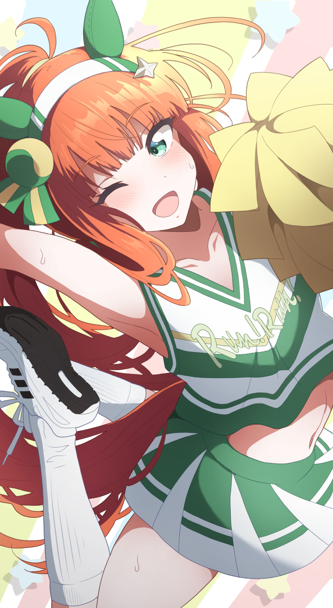 1girl alternate_costume alternate_hairstyle animal_ears aqua_eyes armpits arms_up breasts cheerleader collarbone commentary_request ear_covers ear_ornament green_skirt hairband highres hime_cut horse_ears horse_girl horse_tail long_hair navel nel-c one_eye_closed open_mouth orange_hair ponytail shoes silence_suzuka_(umamusume) skirt small_breasts smile sneakers socks solo standing standing_on_one_leg star_(symbol) stomach sweat tail umamusume white_hairband white_shoes white_socks