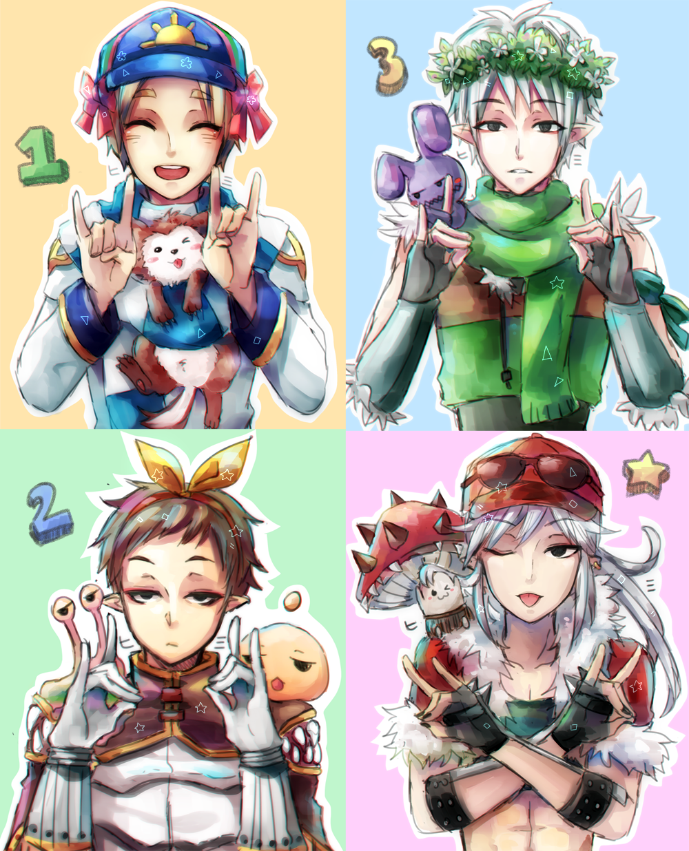 4boys :3 alternate_color black_shirt blue_hat blue_scarf bow brown_cape brown_hairband brown_shirt cape clip_studio_paint_(medium) coat commentary creator_(ragnarok_online) crop_top desert_wolf_(ragnarok_online) dog double_fox_shadow_puppet drops_(ragnarok_online) earrings english_commentary fingerless_gloves fox_shadow_puppet fur-trimmed_jacket fur_trim gloves green_eyes green_scarf green_shirt grey_hair hair_bow hairband hat high_priest_(ragnarok_online) highres himitsu_(dark_nao) jacket jewelry laurel_crown long_hair long_sleeves male_focus multiple_boys mushroom open_mouth pink_bow pointy_ears puppy ragnarok_online red_jacket scarf shirt short_bangs short_hair simple_background slime_(creature) sniper_(ragnarok_online) spore_(ragnarok_online) stalker_(ragnarok_online) star_(symbol) striped_clothes striped_scarf stuffed_animal stuffed_rabbit stuffed_toy two-tone_shirt white_coat white_hair white_scarf white_shirt