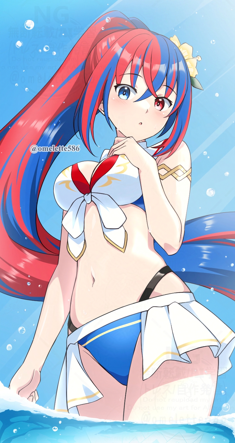 1girl bikini blue_bikini blue_eyes blue_hair breasts cleavage criss-cross_halter crossed_bangs female_alear_(fire_emblem) female_alear_(seaside_dragon)_(fire_emblem) fire_emblem fire_emblem_engage fire_emblem_heroes gold_armlet halterneck heterochromia highres komurice long_hair medium_breasts multicolored_bikini multicolored_hair multicolored_swimsuit nintendo official_alternate_costume official_alternate_hairstyle ponytail red_bikini red_eyes red_hair showgirl_skirt solo split-color_hair swimsuit thighs two-tone_hair very_long_hair water white_bikini
