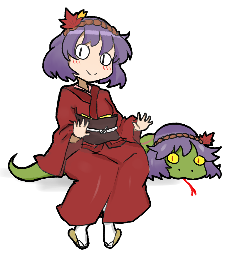 1girl aged_down alternate_costume autumn_leaves blush drawfag dual_persona female_focus full_body japanese_clothes kimono leaf legs_together looking_at_viewer no_nose obi outstretched_hand purple_hair red_pupils rope sash shimenawa short_hair simple_background sitting sketch slit_pupils smile snake-eyed_kanako socks solo staring tongue tongue_out touhou ume_(noraneko) white_background wide_sleeves yasaka_kanako yasaka_kanako_(snake) yellow_eyes