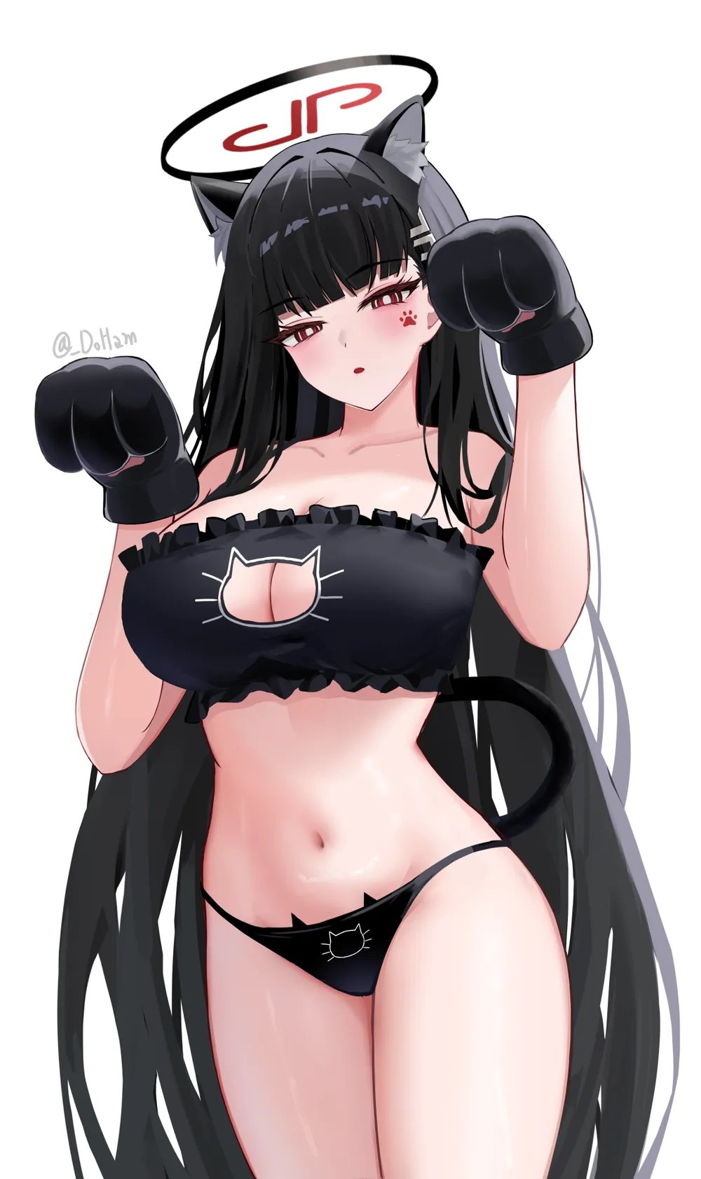 1girl animal_ear_fluff animal_ears animal_hands black_bra black_gloves black_hair black_panties blue_archive blunt_bangs blush bra breasts bright_pupils cat_ears cat_lingerie cat_tail collarbone cowboy_shot doham gloves hair_ornament hairclip halo hands_up hashtag-only_commentary highres large_breasts looking_at_viewer meme_attire navel panties parted_lips paw_gloves red_eyes rio_(blue_archive) simple_background solo stomach tail thighs underwear white_background white_pupils