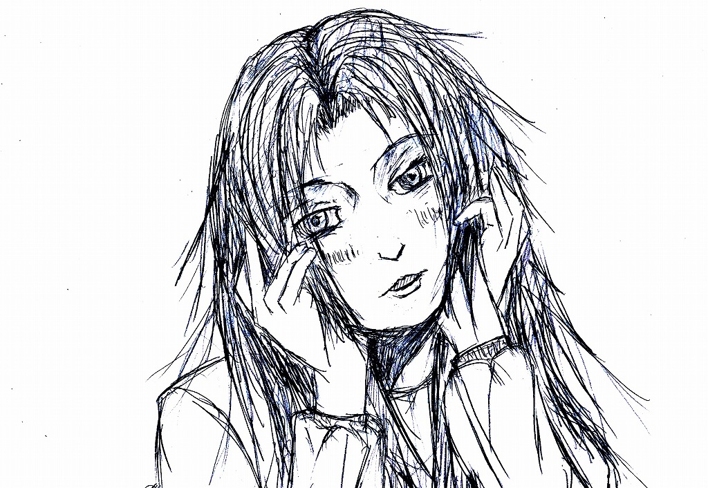 1girl alma_wade black_hair creepy f.e.a.r. female_focus hands_on_own_face long_hair looking_at_viewer mirai_nikki monochrome parody solo white_background yandere_trance