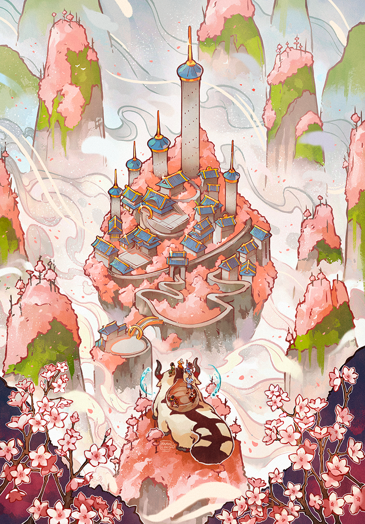 3boys 3girls aang appa avatar:_the_last_airbender avatar_legends bison cherry_blossoms cloud from_above hammling horns katara mountain multiple_boys multiple_girls riding scenery sokka suki_(avatar) temple toph_beifong tree wind zuko