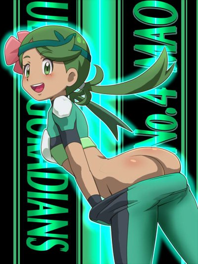 1girl :d ass awa blush butt_crack character_name clothes_pull commentary_request flower green_eyes green_hair green_pants green_theme hair_flower hair_ornament happy long_hair mallow_(pokemon) nintendo open_mouth pants pants_pull pokemon pokemon_(anime) pokemon_sm_(anime) pulling_own_clothes short_sleeves smile solo swept_bangs tongue twintails ultra_guardians_uniform