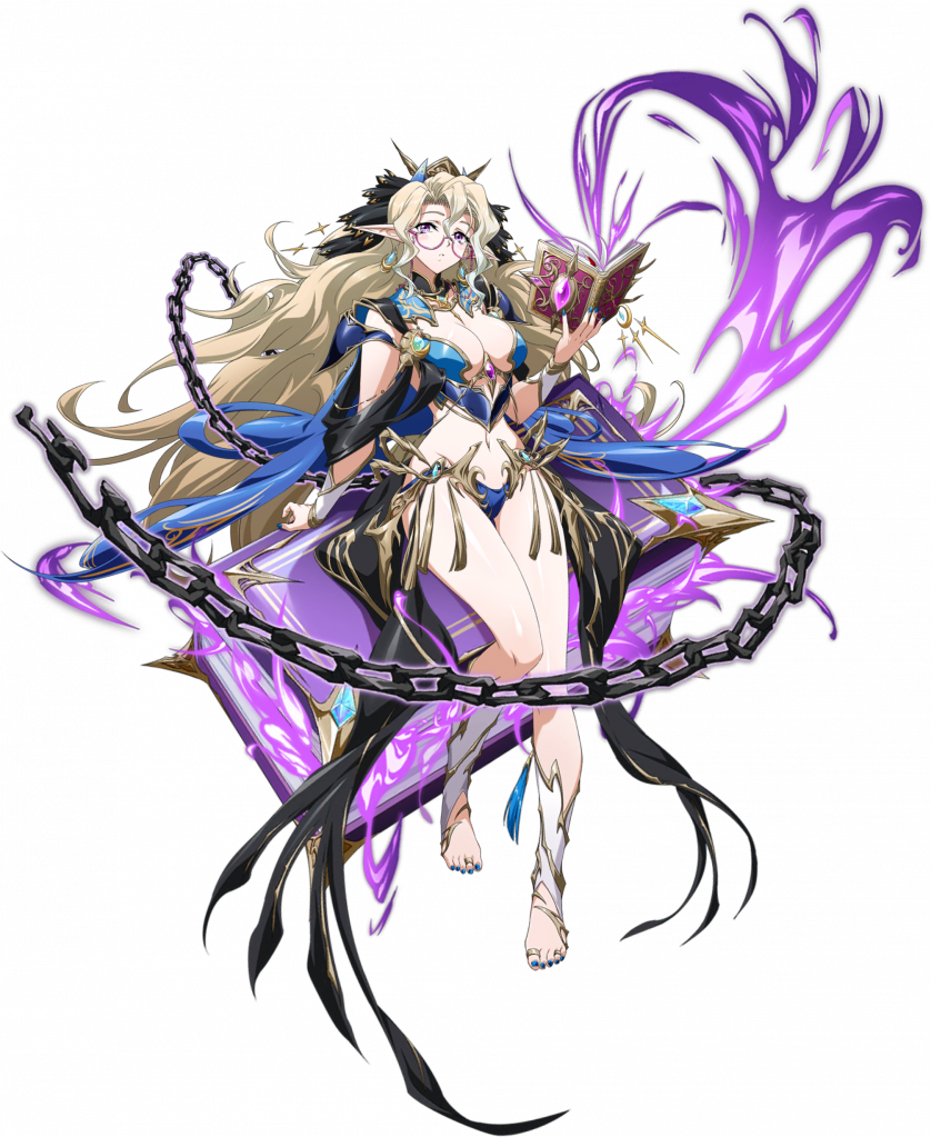 1girl armor aura bikini_armor black_cape black_veil blonde_hair blue_armor blue_cape blue_nails book breasts broken broken_chain cape chain chest_jewel cleavage dark_aura earrings elf floating floating_hair floating_object full_body game_cg gem glasses glowing_chain hair_ornament holding holding_book jewelry langrisser langrisser_mobile large_breasts leaning_on_object leg_up long_hair looking_at_viewer looking_over_eyewear magic multicolored_cape nail_polish navel official_art open_book oversized_object parted_bangs parted_lips pointy_ears purple_eyes purple_gemstone randele_(langrisser) red-framed_eyewear revealing_clothes semi-rimless_eyewear shiny_skin simple_background solo spread_legs standing standing_on_one_leg tachi-e third-party_source tiara toenail_polish toenails toes transparent_background under-rim_eyewear veil very_long_hair