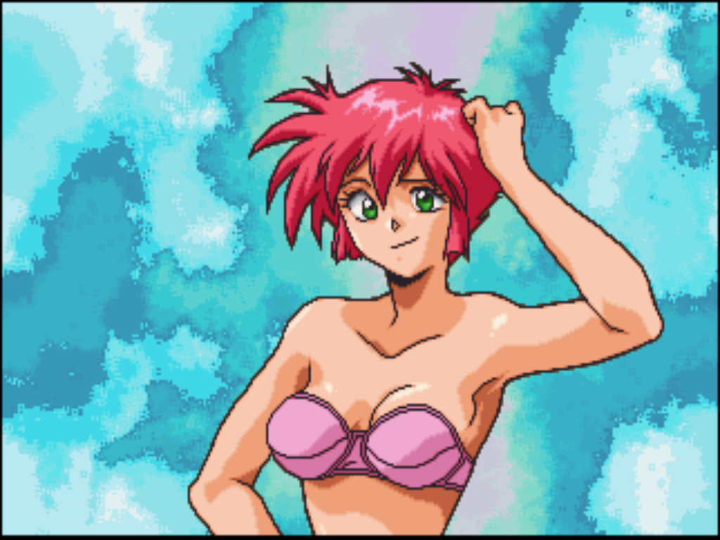 1girl arm_up armpits blue_background bra green_eyes kaoru_(mahjong_hyper_reaction_r) mahjong_hyper_reaction_r pink_bra red_hair sammy smile underwear