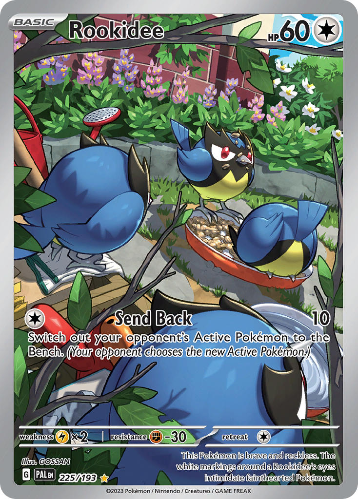 animal_focus artist_name bird card_(medium) character_name closed_mouth company_name copyright_name copyright_notice eating english_text flower food food_on_face from_behind full_body gen_8_pokemon gossan grass leaf nintendo no_humans official_art outdoors pokemon pokemon_(creature) pokemon_card pokemon_focus pokemon_tcg red_eyes rookidee third-party_source trading_card watering_can