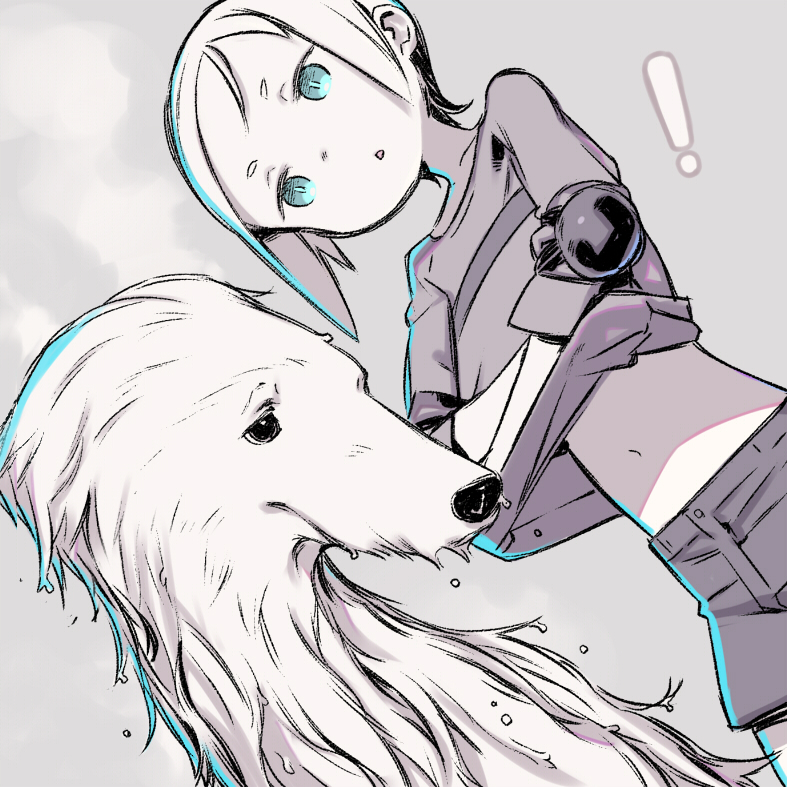 ! 1girl :o aqua_outline dog dutch_angle green_eyes grey_background grey_shirt kino_no_tabi kuroboshi_kouhaku navel open_mouth outline shirt shizu_(kino_no_tabi) shorts simple_background tea_(kino_no_tabi) wet white_hair