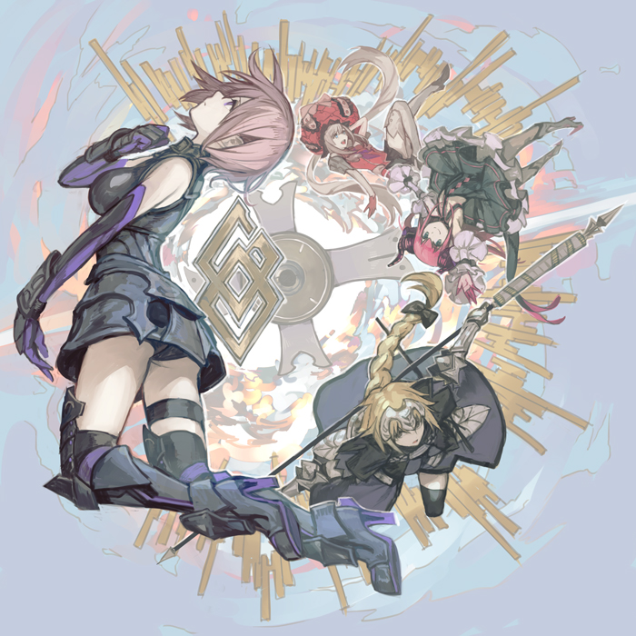 4girls ass black_bow black_footwear black_gloves black_legwear blonde_hair bow braid breasts brown_hair elbow_gloves elizabeth_bathory_(fate) elizabeth_bathory_(fate/extra) fate/grand_order fate_(series) gloves hair_bow holding holding_sword holding_weapon hungry_clicker jeanne_d&#039;arc_(fate) jeanne_d&#039;arc_(ruler)_(fate) long_hair looking_away marie_antoinette_(fate) mash_kyrielight multiple_girls pixiv_fate/grand_order_contest_2 short_hair sword weapon