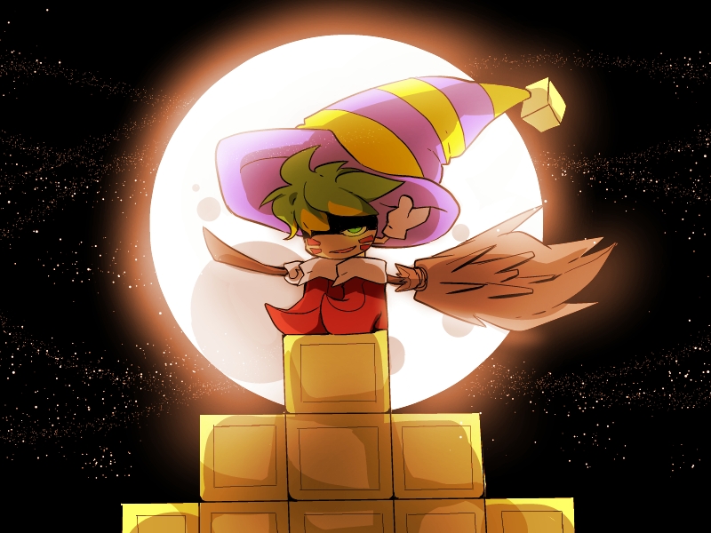 1girl backlighting boots broom colored_skin commentary_request cube_hat_ornament facial_mark full_moon gloves green_eyes green_hair grin gryll_(kirby) hair_over_one_eye hand_on_headwear hat holding holding_broom kirby_(series) looking_at_viewer moon night night_sky nintendo open_mouth pointy_footwear purple_headwear red_boots shaded_face shirushiki sky smile socks star_(sky) striped_clothes striped_headwear two-tone_headwear white_gloves white_socks witch_hat yellow_headwear yellow_skin