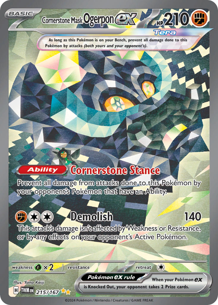 artist_name card_(medium) character_name closed_mouth company_name copyright_name copyright_notice english_text keiji_yano mask nintendo official_art ogerpon ogerpon_(cornerstone_mask) pokemon pokemon_(creature) pokemon_card pokemon_focus pokemon_tcg solo terastallization third-party_source trading_card yellow_eyes