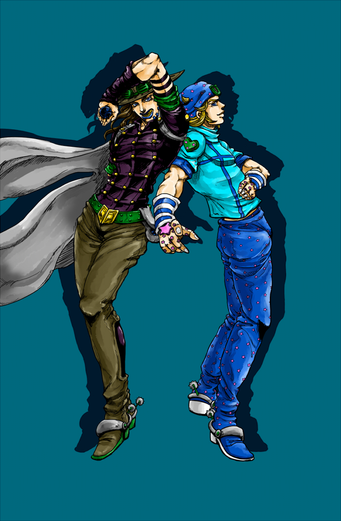 2boys beanie blonde_hair blue_eyes blue_lips brown_hair cape chaps gloves gold_teeth grills gyro_zeppeli hand_buckle hat horseshoe_ornament johnny_joestar jojo_no_kimyou_na_bouken jojo_pose long_hair male_focus metamin_(memethah) multiple_boys official_style spurs star-shaped_pupils star_(symbol) steel_ball_run symbol-shaped_pupils