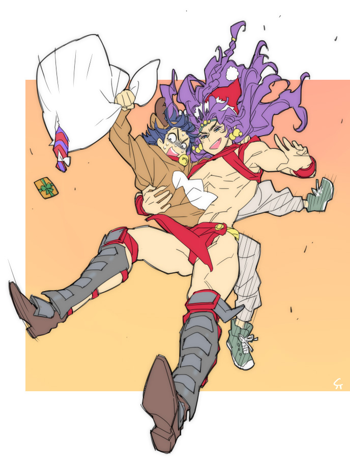 2boys animal_costume bad_id bad_pixiv_id blue_hair george_joestar_ii hat jojo_no_kimyou_na_bouken kars_(jojo) long_hair male_focus multiple_boys purple_hair reindeer_costume santa_hat toujou_sakana
