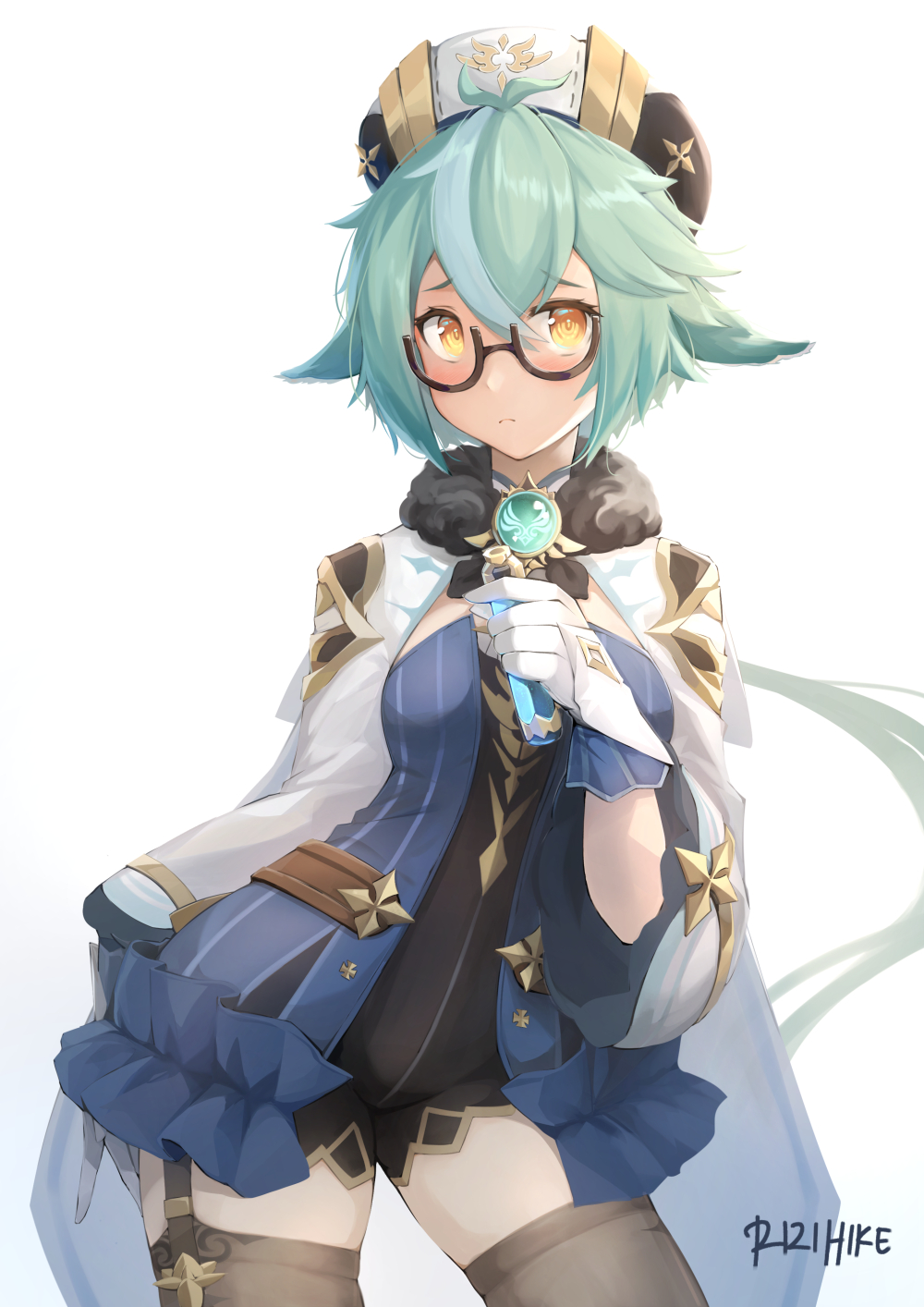 1girl anemo_(genshin_impact) animal_ears beret blue_dress blush breasts cat_ears cat_girl dress genshin_impact glasses gloves gold_trim green_hair hat highres long_sleeves looking_at_viewer medium_breasts multicolored_hair orange_eyes ponytail rizihike semi-rimless_eyewear simple_background solo sucrose_(genshin_impact) test_tube thighhighs vision_(genshin_impact) white_background