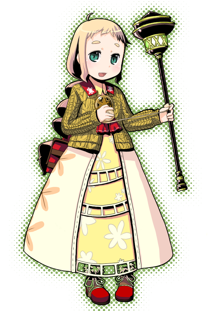 1girl 7th_dragon 7th_dragon_(series) ahoge aran_sweater backpack bag bandages blonde_hair braid cable_knit commentary_request dress floral_print green_eyes healer_(7th_dragon) holding holding_weapon long_hair looking_at_viewer mol_(7th_dragon) muku_(muku-coffee) open_mouth shoes solo standing sweater weapon white_background yellow_sweater